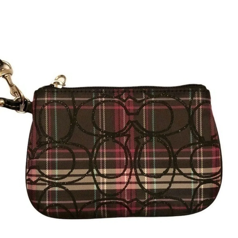 Coach pink black plaid wristlet